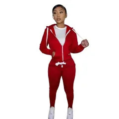 Brushed Hoody Sports Casual Two-piece Suit Suit - Red - View 1