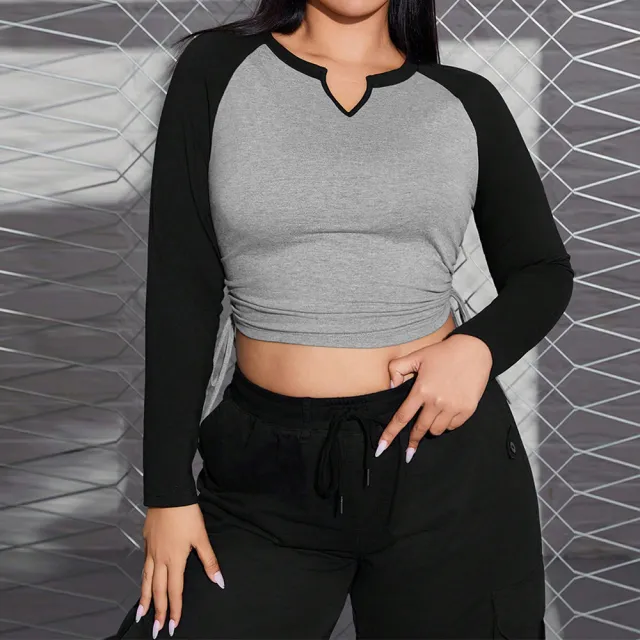 Women's Retro Design V neck Long Sleeve Color Block Top Gray - Shop at LoveMi