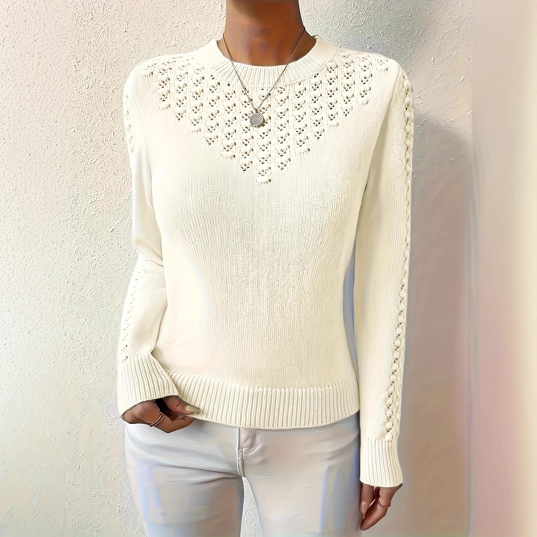 Hollow-Knit Crew-Neck Sweater