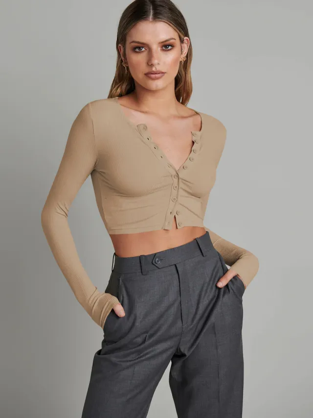 Button Rib Long Sleeve Knitted Cardigan Women's Clothes Cropped Top Apricot - Shop at LoveMi
