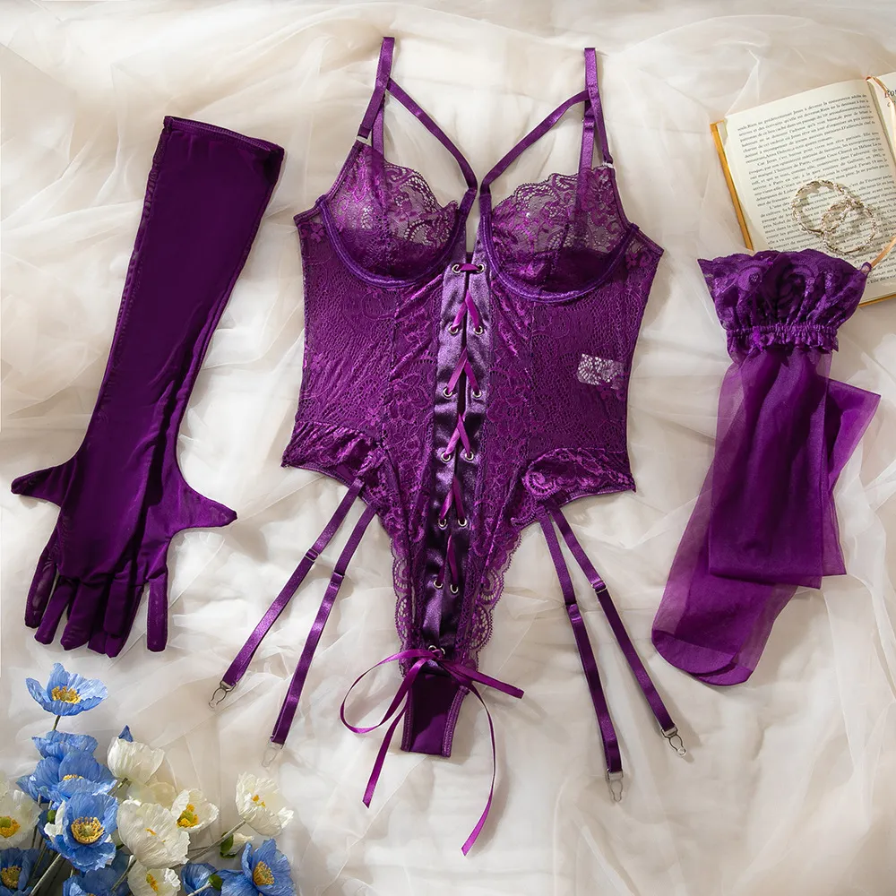 Women's Creative Jumpsuit Lace Transparent Pajamas With Gloves Stockings Suit - Purple