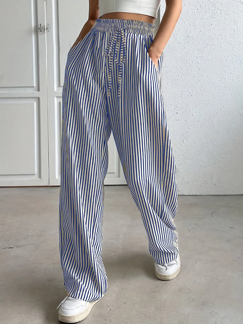 Women's Clothing Striped Casual Trousers Straight-leg Pants - Blue And White Stripes