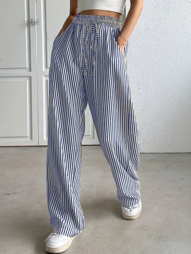 Women's Clothing Striped Casual Trousers Straight leg Pants Blue And White Stripes - Shop at LoveMi