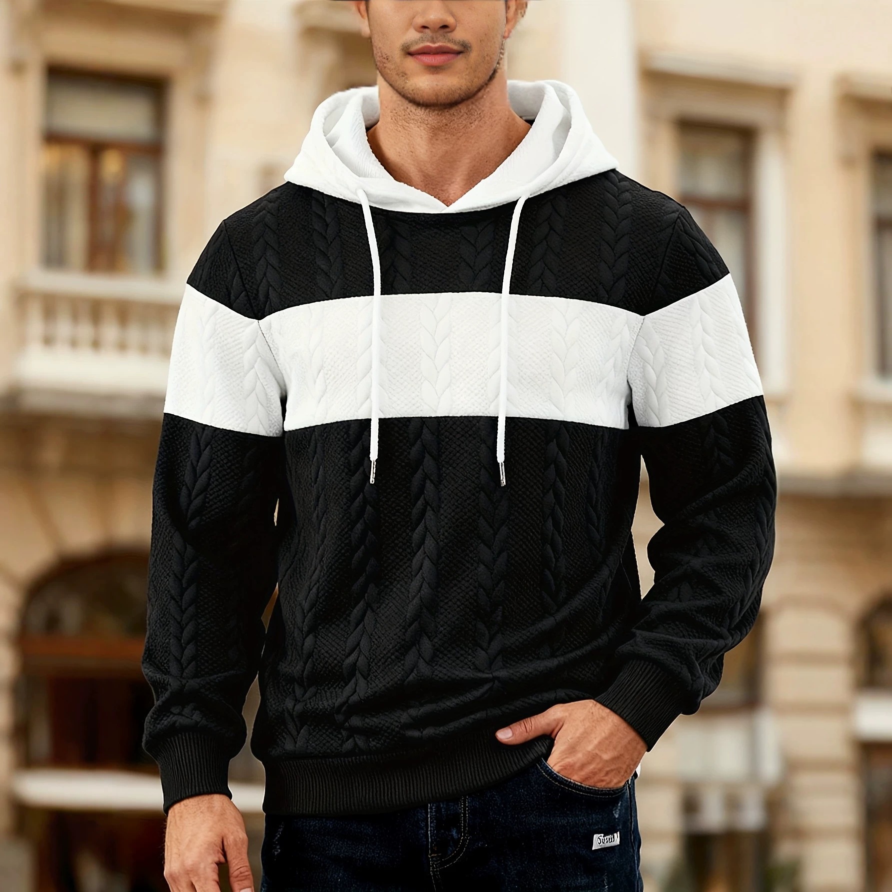Mens Color-Block Loose-Fit Jacquard Sweatshirt