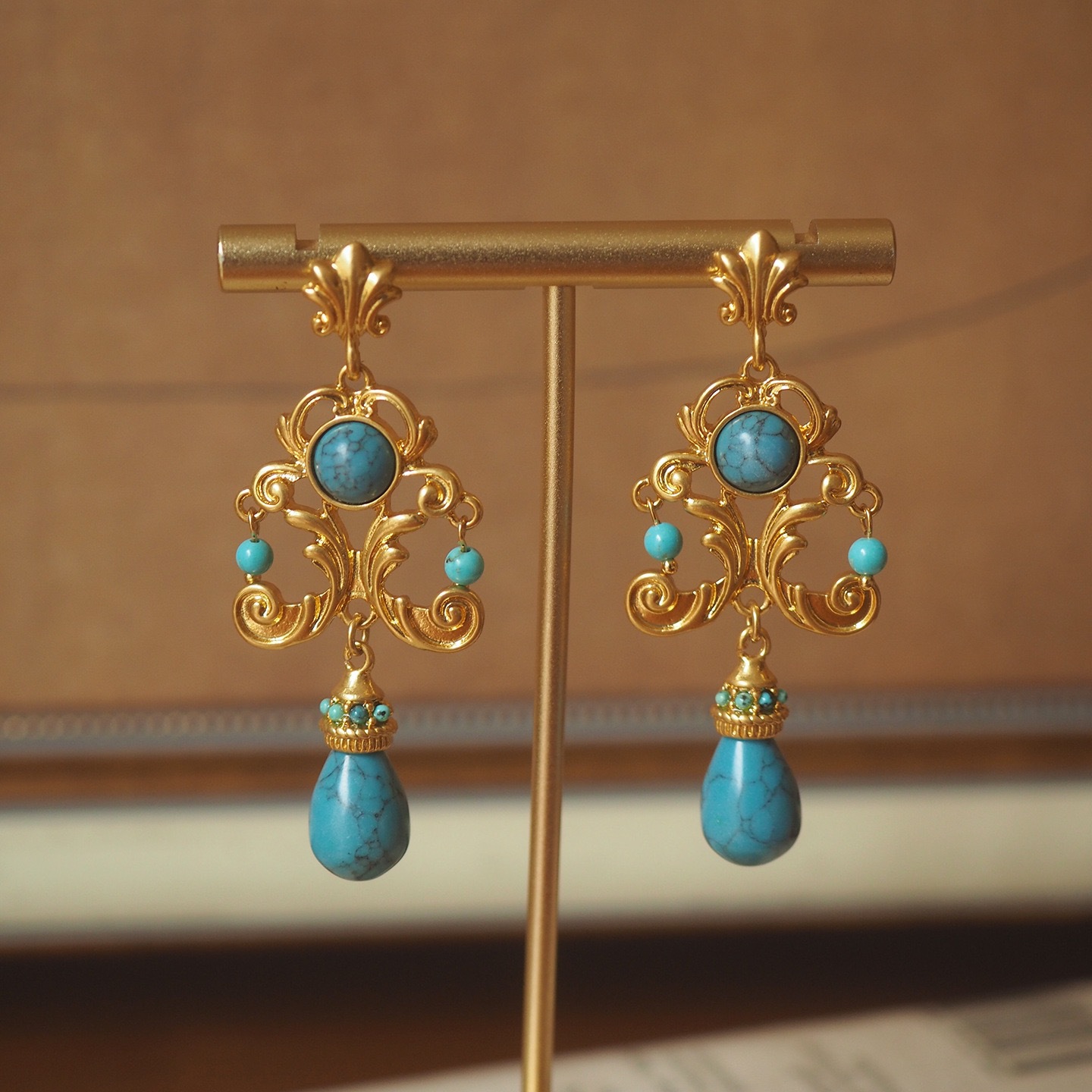 Vintage Palace Style Turquoise Earrings - Handcrafted Floral Carved Drop Earrings