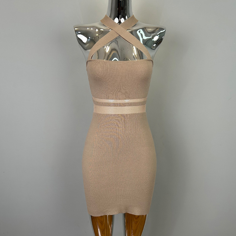 Versatile Lightweight Luxury High end Cross Shoulder Design Bodycon Mini Skirt Beige - Shop at LoveMi