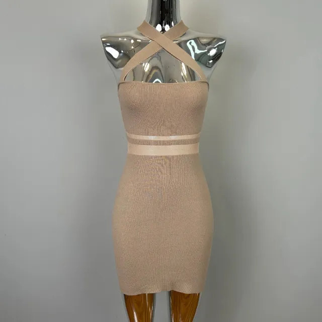 Versatile Lightweight Luxury High end Cross Shoulder Design Bodycon Mini Skirt Beige - Shop at LoveMi