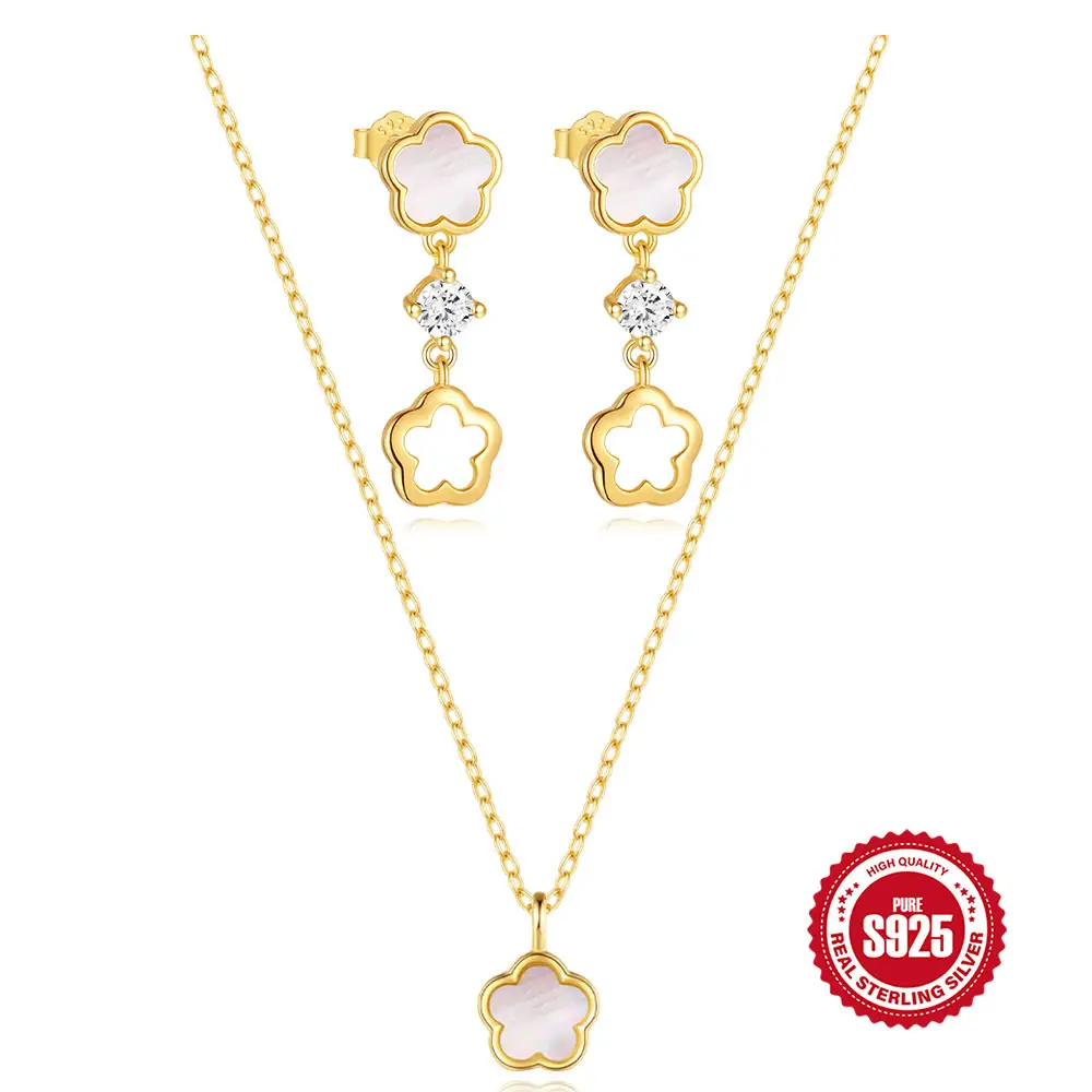 Sterling Silver Petals White Shell Diamond-studded Necklace