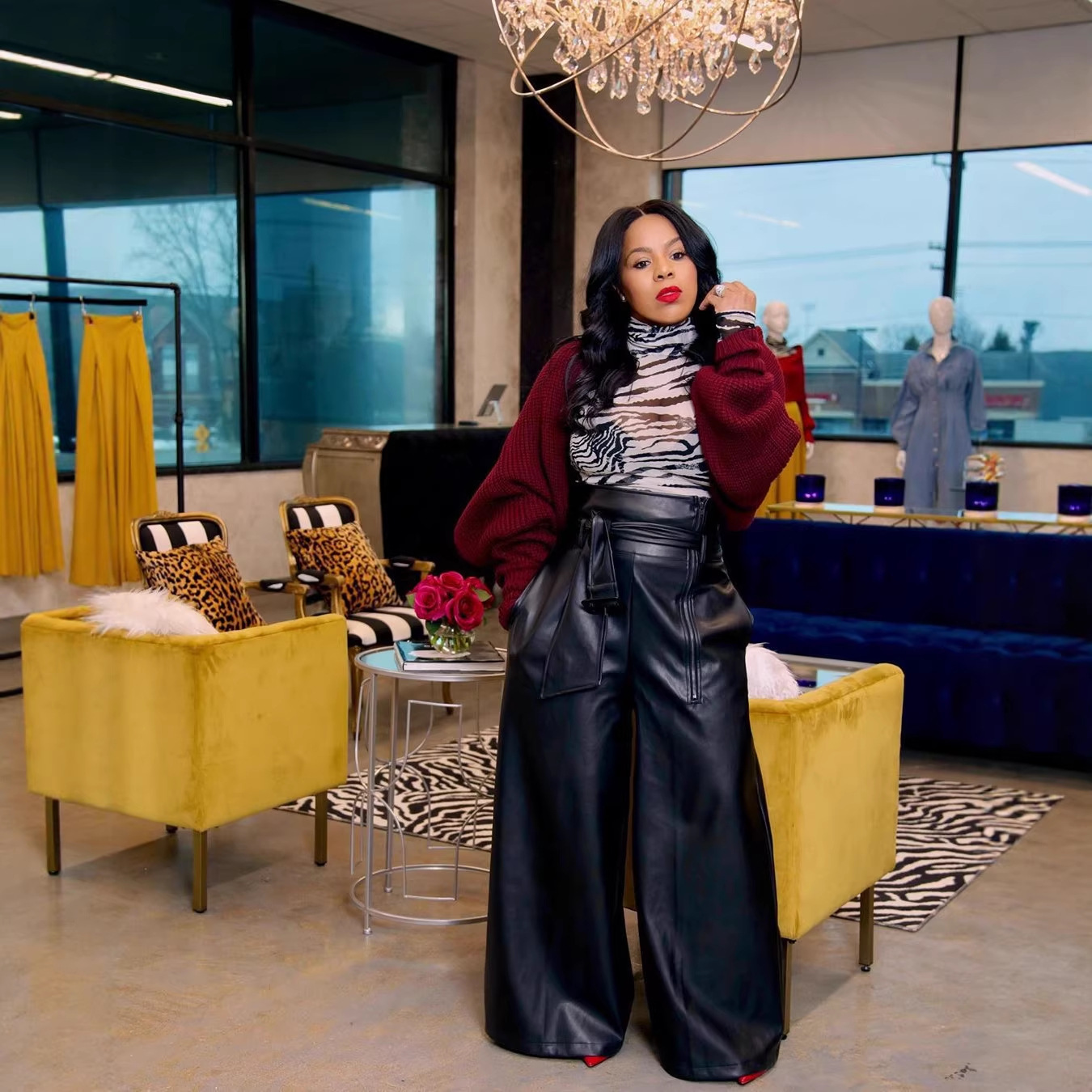 Womens PU High-waisted Wide-leg Pants