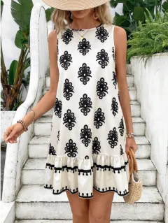 Women's Elegant Printed V-neck A- Line Skirt - White - View 1