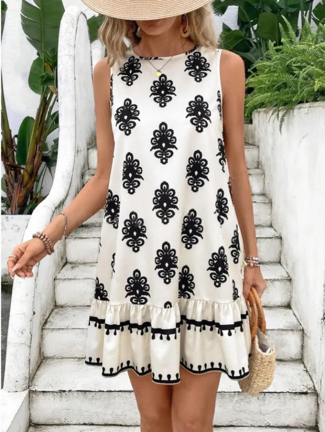 Women's Elegant Printed V neck A Line Skirt White - Shop at LoveMi