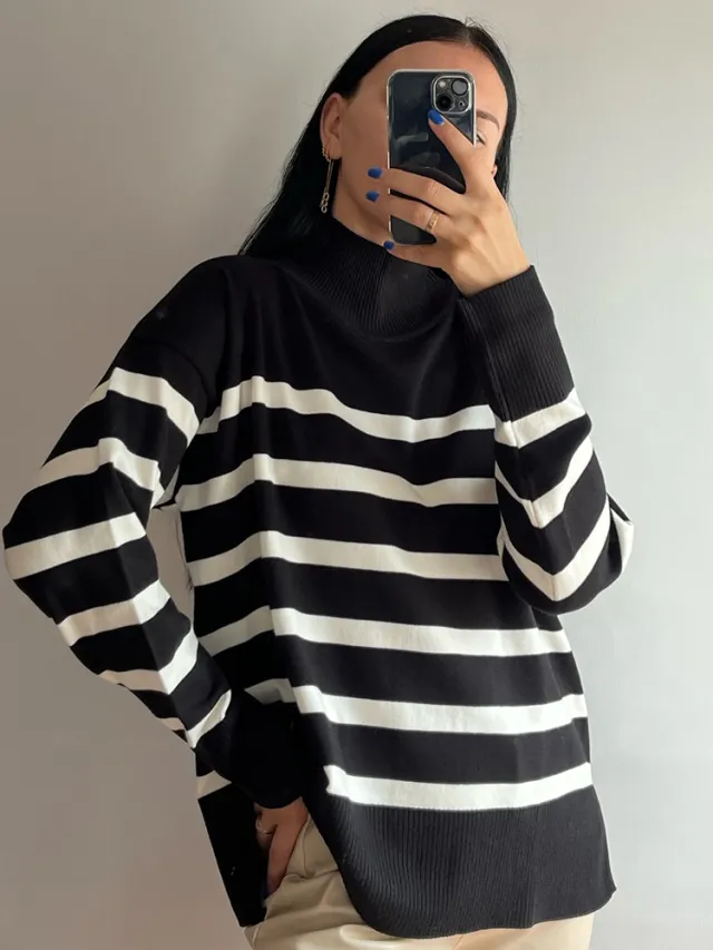 Women's Loose Striped Turtleneck Sweater Black - Shop at LoveMi
