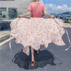 Vacation Style Floral Skirt Chiffon Dress Skirt One-piece Ruffled - 6663 Pink Small Flower - View 1