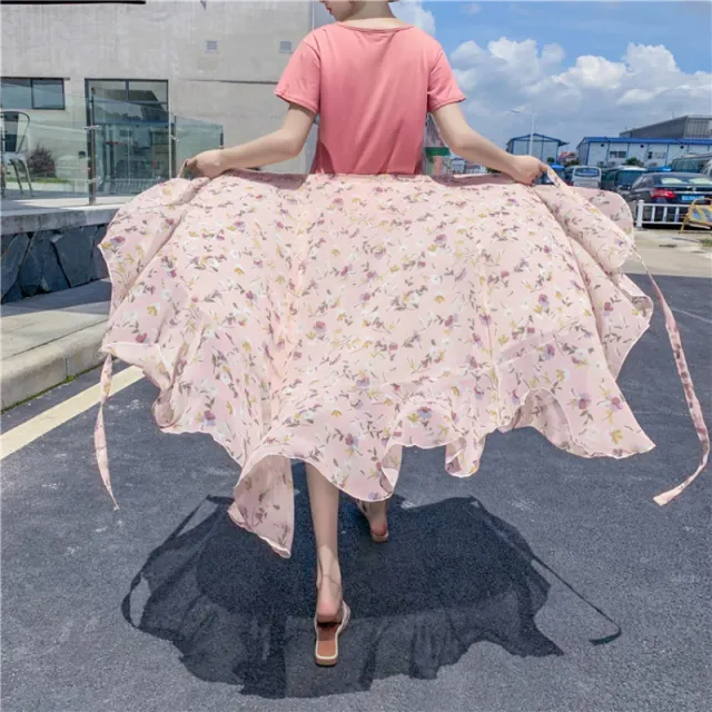 Vacation Style Floral Skirt Chiffon Dress Skirt One piece Ruffled 6663 Pink Small Flower - Shop at LoveMi