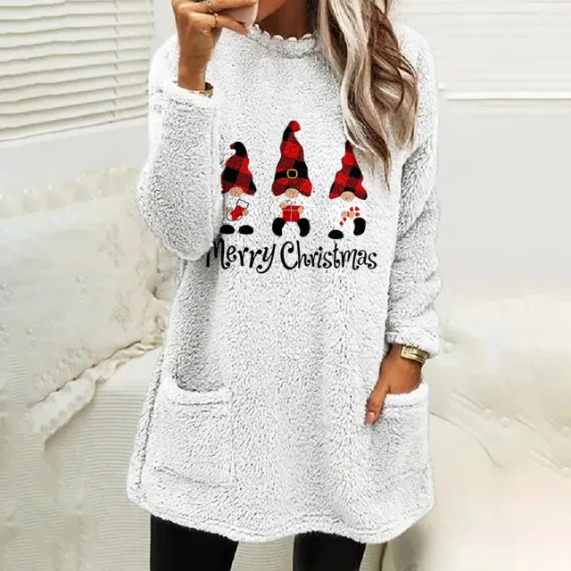 Christmas Letter Printing Round Neck Loose Long Sleeves Pocket Fleece Sweatshirt White - Shop at LoveMi