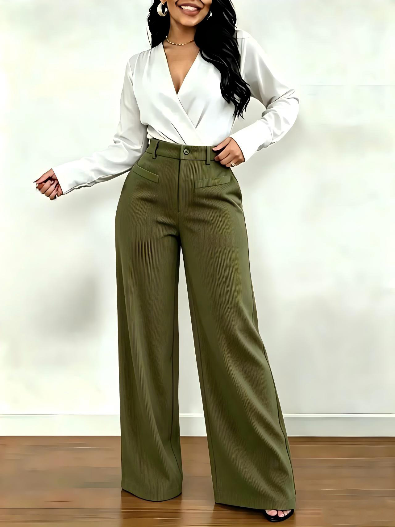 Pantalon femme uni chic décontracté, coupe ample à jambes larges fuselées, effet amincissant, tombé fluide