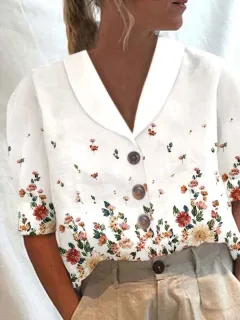 Women's Stand Collar Button Casual Half-sleeve Cotton And Linen Printed Short-sleeved Shirt - Tan - View 1