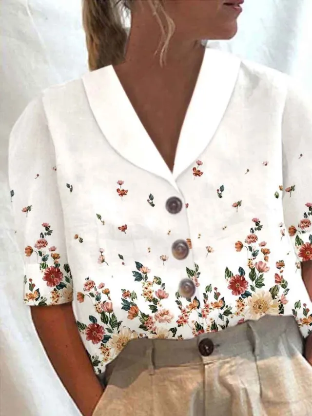 Women's Stand Collar Button Casual Half sleeve Cotton And Linen Printed Short sleeved Shirt Tan - Shop at LoveMi