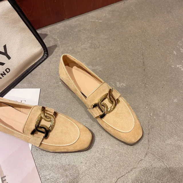 Chunky Heel French Retro British Style Women's Flat Shoes Camel - Shop at LoveMi