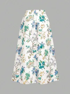 Floral Print High Waisted Skirt - Blue - View 1