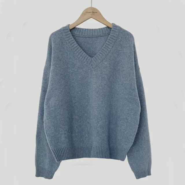 South Korea Basic Style V neck Pullover Sweater Thermal Knitting Blue - Shop at LoveMi