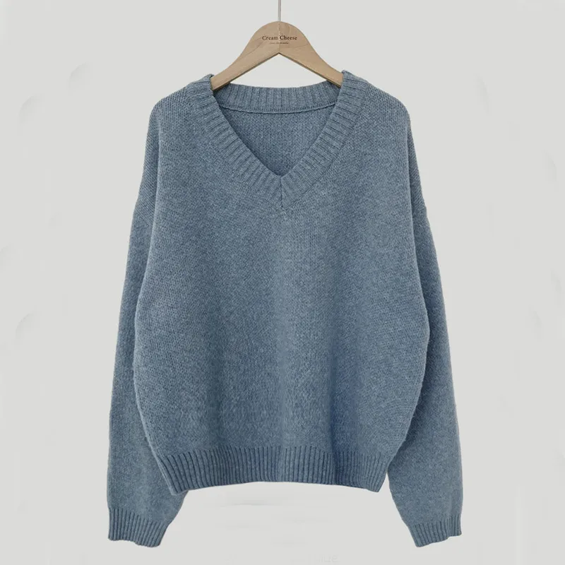 South Korea Basic Style V-neck Pullover Sweater Thermal Knitting - Blue