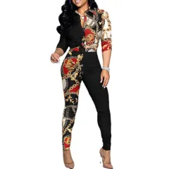Cross Border Leisure Suit Colour Matching Printed Long-sleeved Lapel Shirt Casual Pants Two-piece Set - Red - View 1