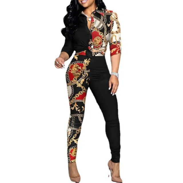 Cross Border Leisure Suit Color Matching Printed Long sleeved Lapel Shirt Casual Pants Two piece Set Red - Shop at LoveMi