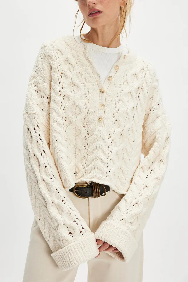 Cable Loose fitting Solid Color Pullover Sweater Apricot - Shop at LoveMi