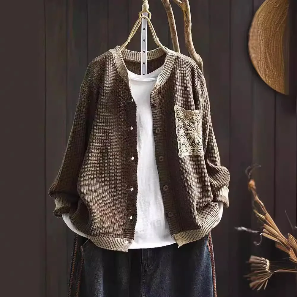 Retro Knitted Cardigan Women Round Neck Loose - Khaki