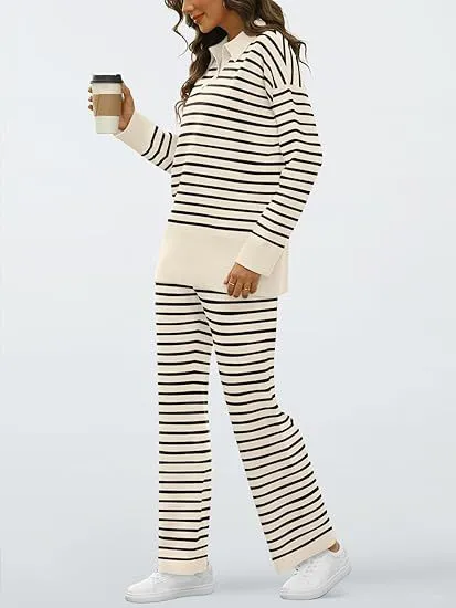 Striped Loose fitting Long Sleeve Sweater Apricot - Shop at LoveMi