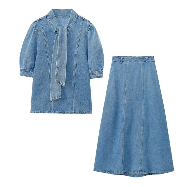 Bow trimmed Denim Shirt Cape Dress Set Suit - Shop at LoveMi