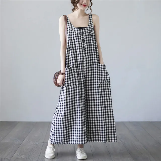 Summer Plus Size Female Artistic Plaid Cotton Linen Suspender Trousers Plaid - Shop at LoveMi