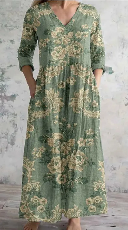 Women's Loose And Fashionable High-end V-neck Printed Dress - 3Style-2Xl