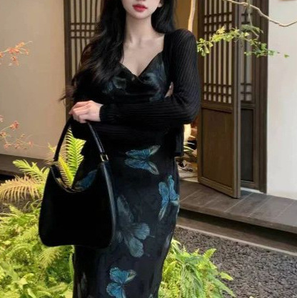 Womens Retro Butterfly French-Style Slim-fit Slip Dress - Image 1