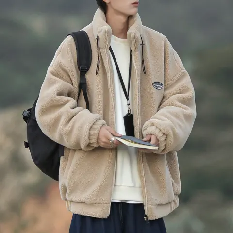 Men's Cotton-padded Jacket Fleece-lined Thick Lambskin Coat Stand-up Collar