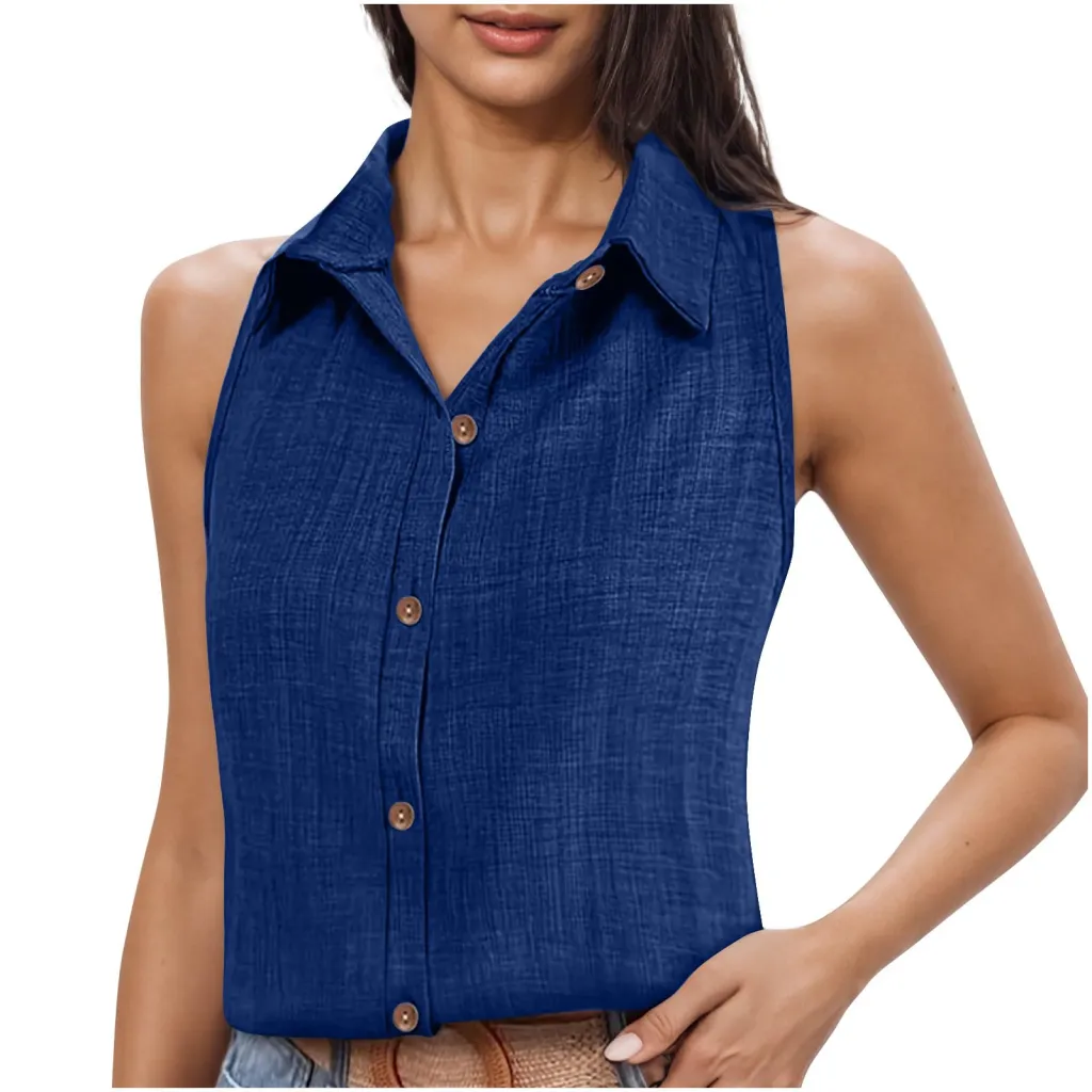 Lapel Cotton Linen Button Sleeveless Shirt Women's Clothing - 53 Style-S