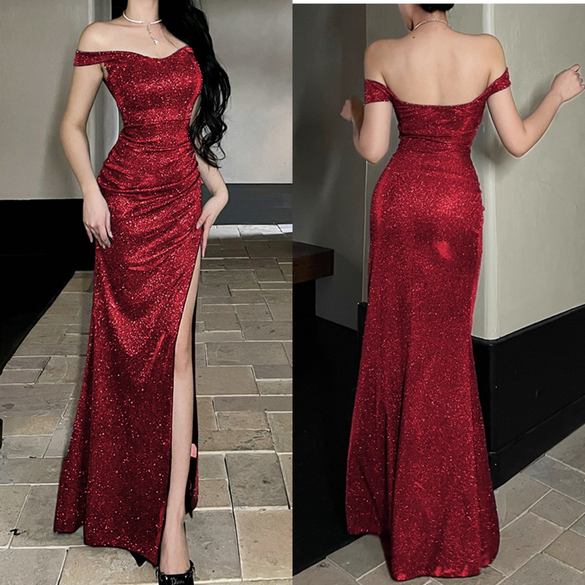Off the shoulder Blue French style Mermaid Skirt With A Slit Red - Shop at LoveMi