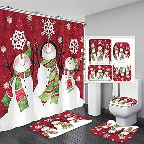 Christmas Shower Curtain Suit With Non slip Carpet Toilet Lid And Bath Mat Snowman Shower Curtain Snowflake Decorative Cover Punch free Red - Shop at LoveMi