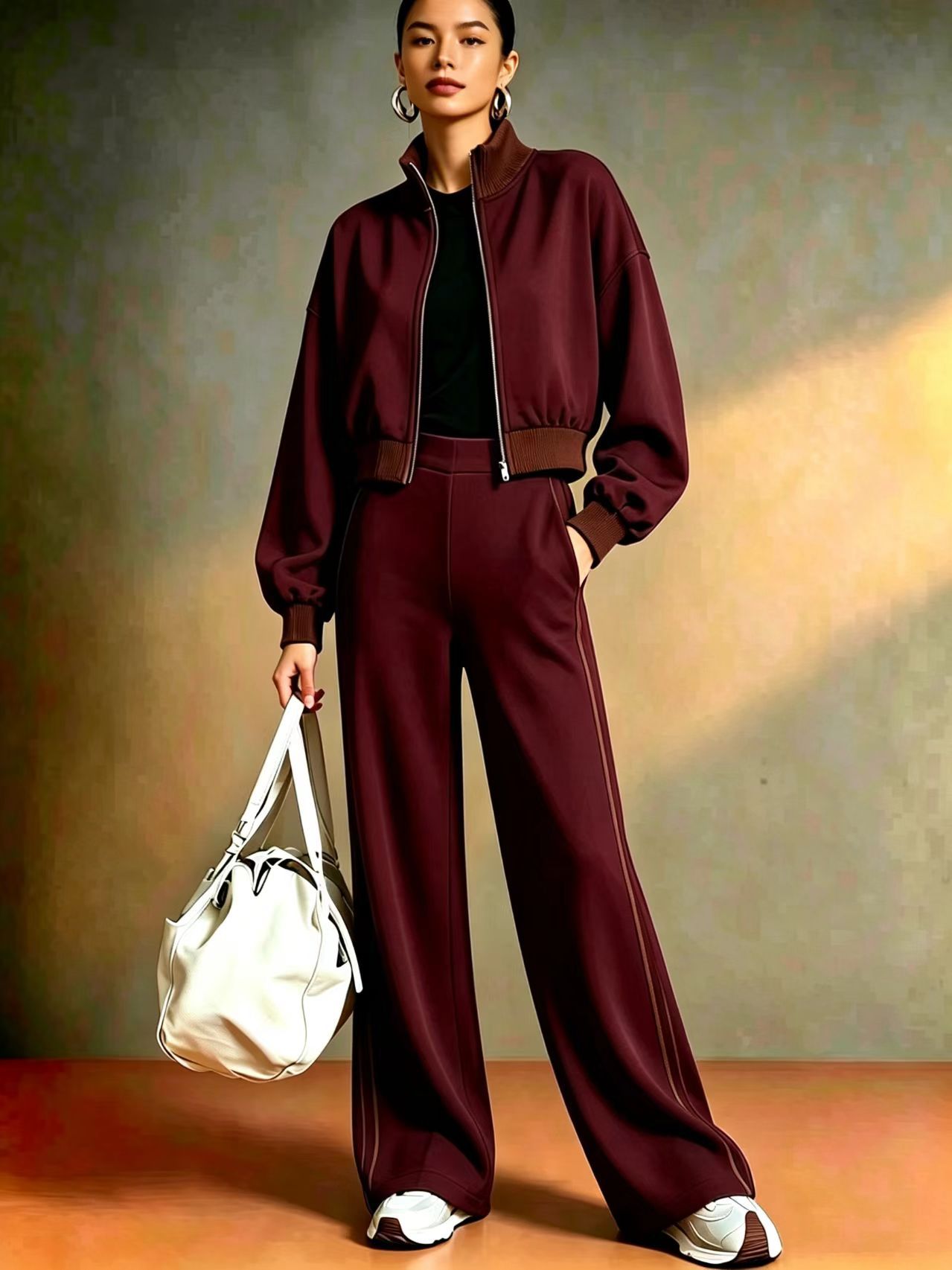Detail view of women's color-block ribbed two-piece set