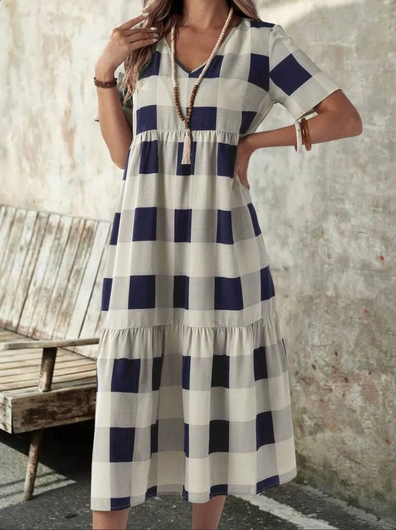 Grid Dress Women Fashion Temperament V neck Blue - Shop at LoveMi