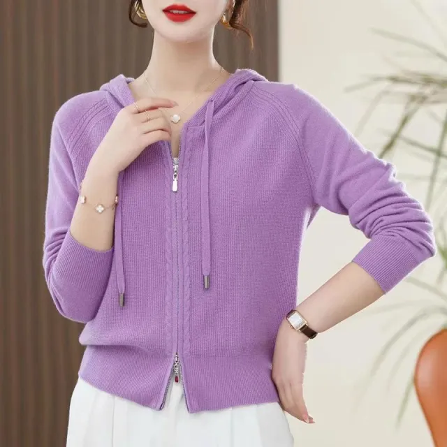 Lapel Knitted Cardigan Coat Ladies Hooded Loose Sweater Purple - Shop at LoveMi