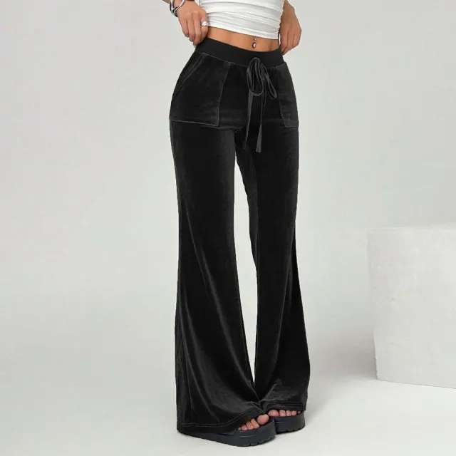 Simple Temperament Velvet Casual Pants Autumn And Winter Drawstring Leg Slimming Wide Leg Trousers Black - Shop at LoveMi