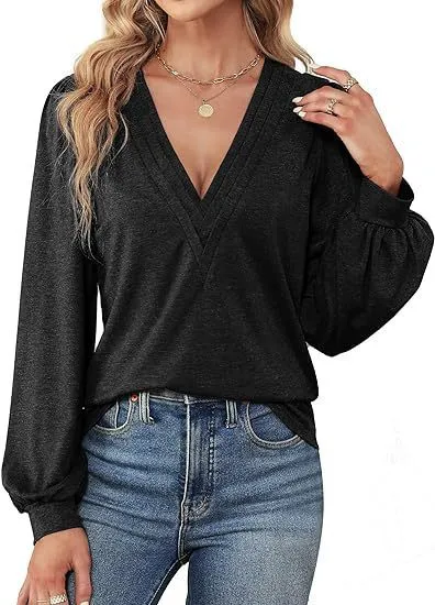 V neck Casual Long Sleeve Top Black - Shop at LoveMi