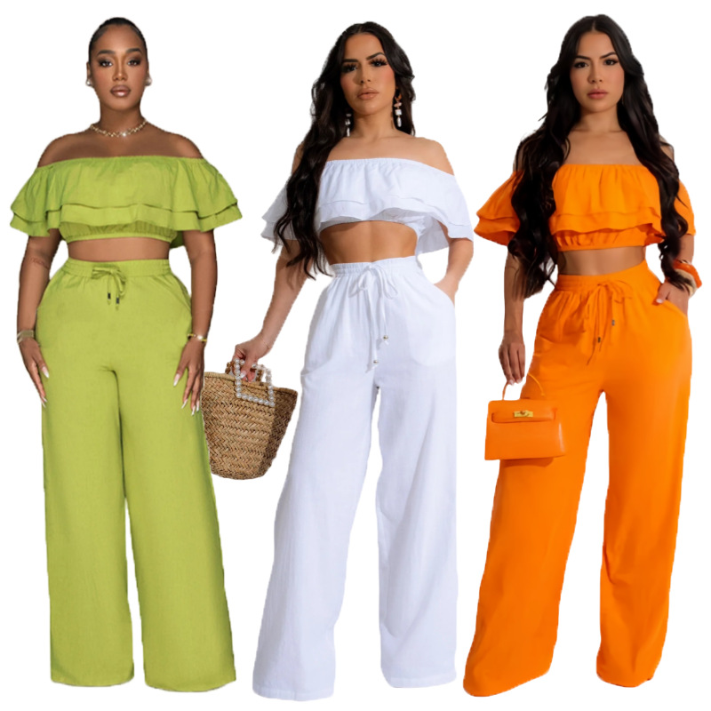 Off-shoulder Ruffled Short Top And Wide-leg Long Pants Set
