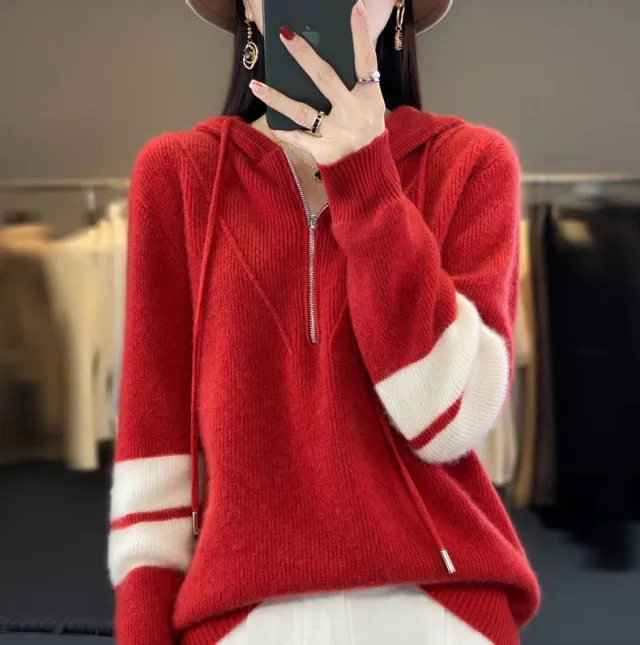 Hooded Zipper Thickening Knitwear Women's Color Matching Sweater Cherry Red - Shop at LoveMi