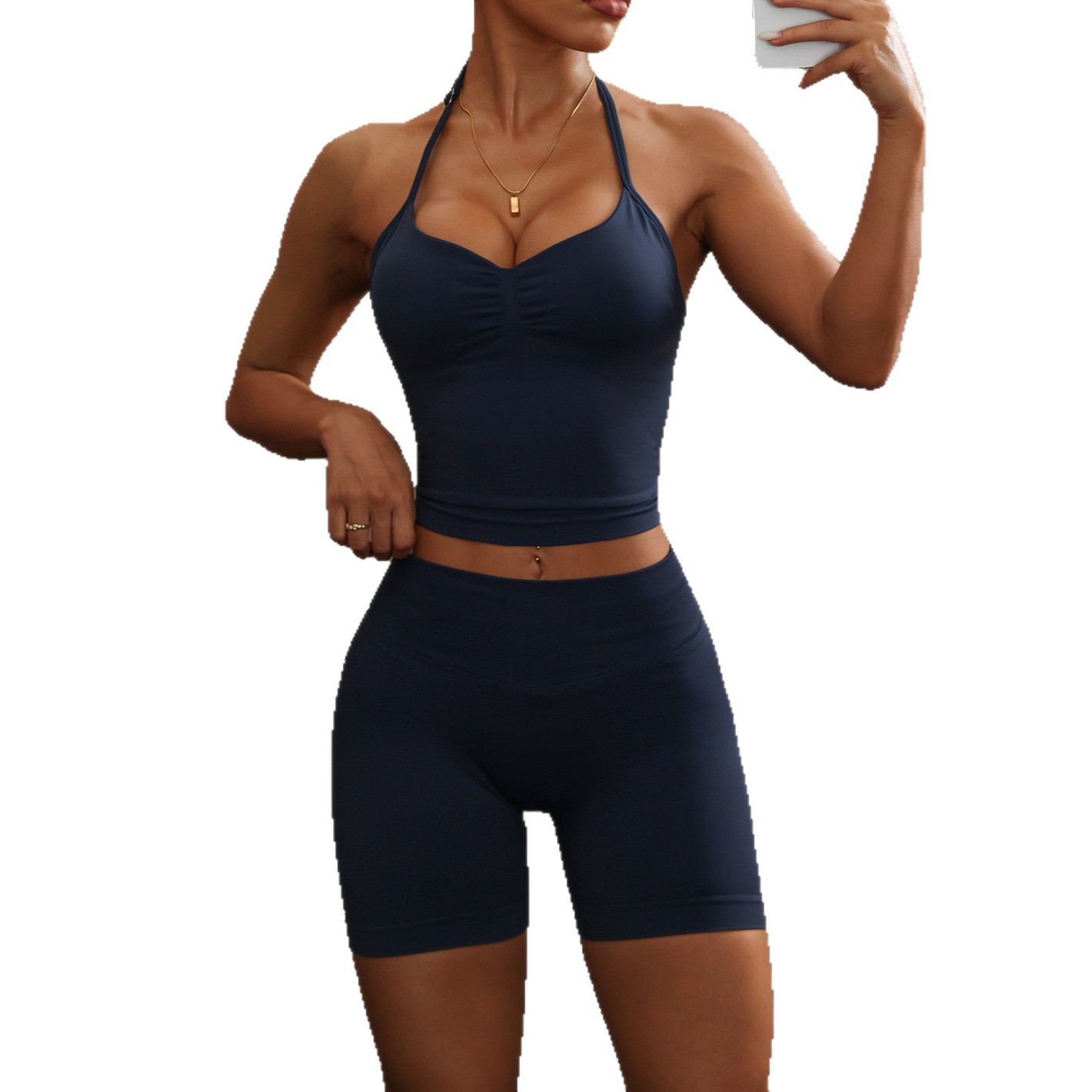 Halter Spaghetti Straps Exercise Vest High Waist Crimp Shorts Suit