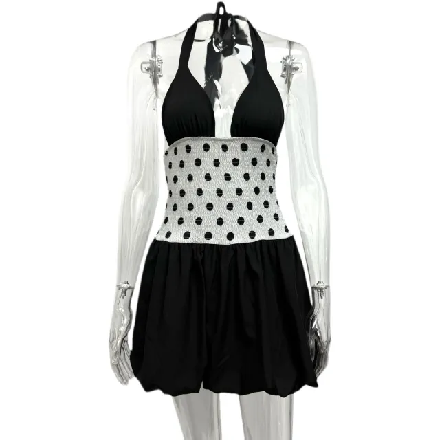 Women's Polka Dot Halter Backless Waist Slim Strap Dress Black - Shop at LoveMi