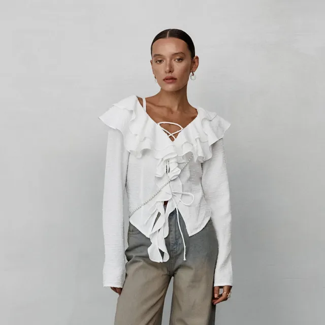 White Crepe Casual Ruffled Sexy Elegant Lace up Long Sleeve Shirt White - Shop at LoveMi