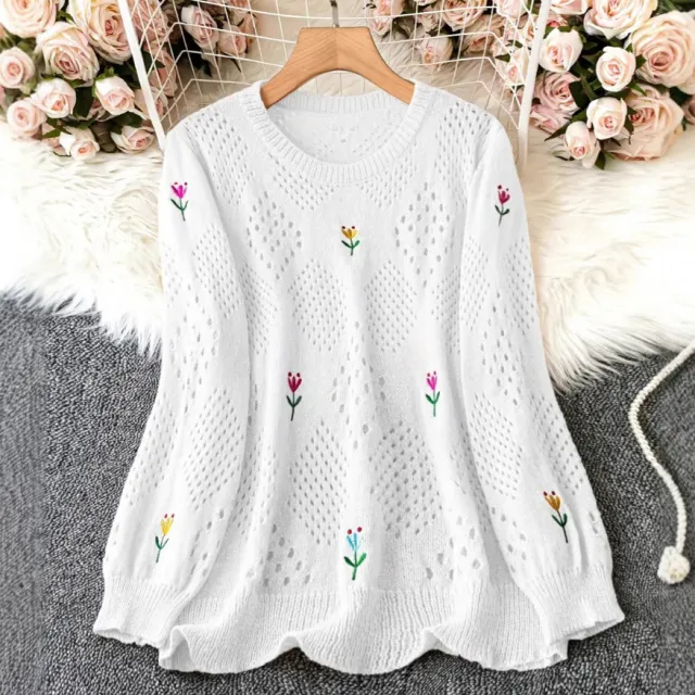 Casual Flower Embroidered Long Sleeve Round Neck Hollow Out Sweater White - Shop at LoveMi
